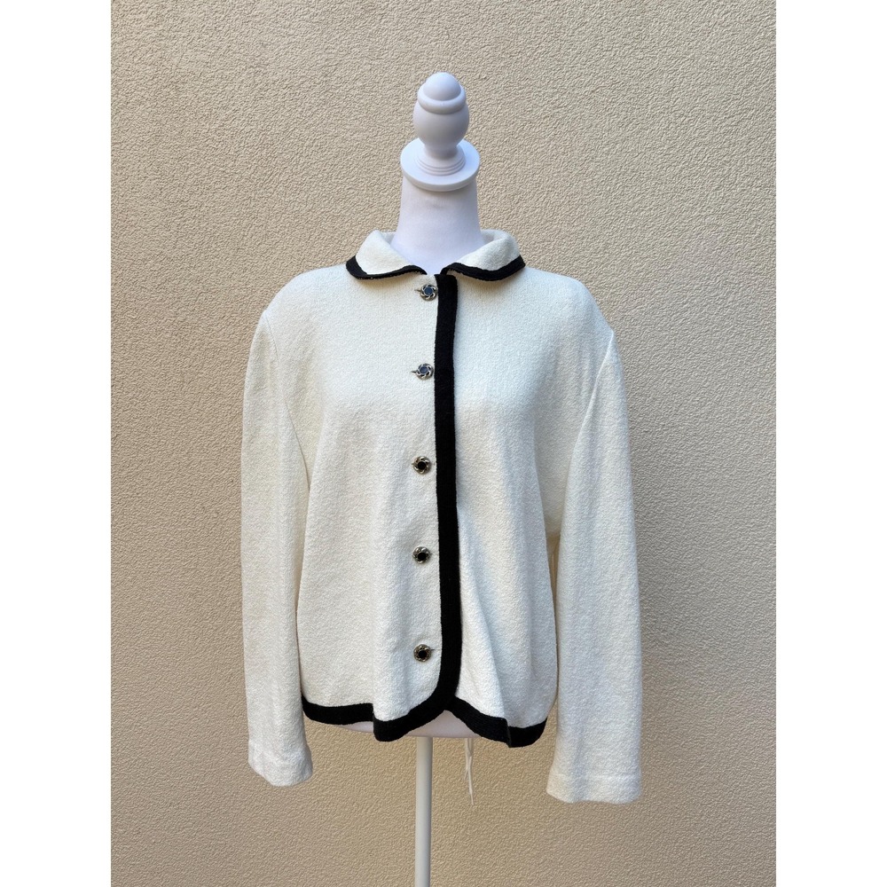 Castleberry Ivory white with gold tone buttons cardigan black trim